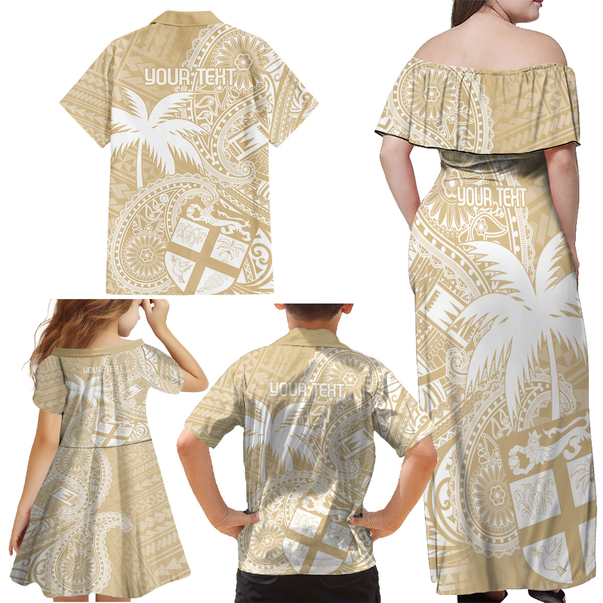 Custom Indo Fijians Family Matching Off Shoulder Maxi Dress and Hawaiian Shirt Fiji ke Hindustani Polyneisan Paisley Beige Style LT9 - Polynesian Pride
