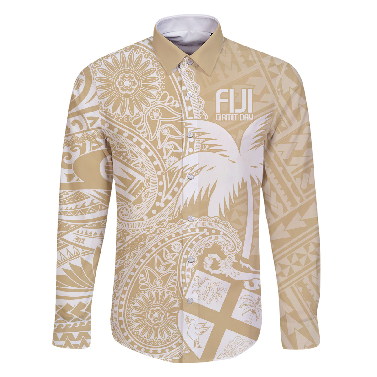 Custom Indo Fijians Family Matching Off Shoulder Maxi Dress and Hawaiian Shirt Fiji ke Hindustani Polyneisan Paisley Beige Style LT9 Dad's Shirt - Long Sleeve Beige - Polynesian Pride