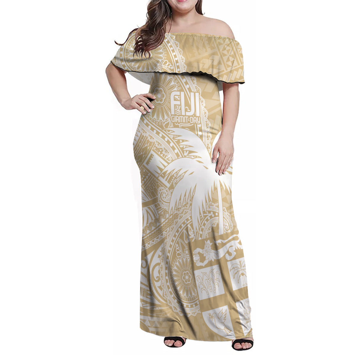 Custom Indo Fijians Family Matching Off Shoulder Maxi Dress and Hawaiian Shirt Fiji ke Hindustani Polyneisan Paisley Beige Style LT9 Mom's Dress Beige - Polynesian Pride