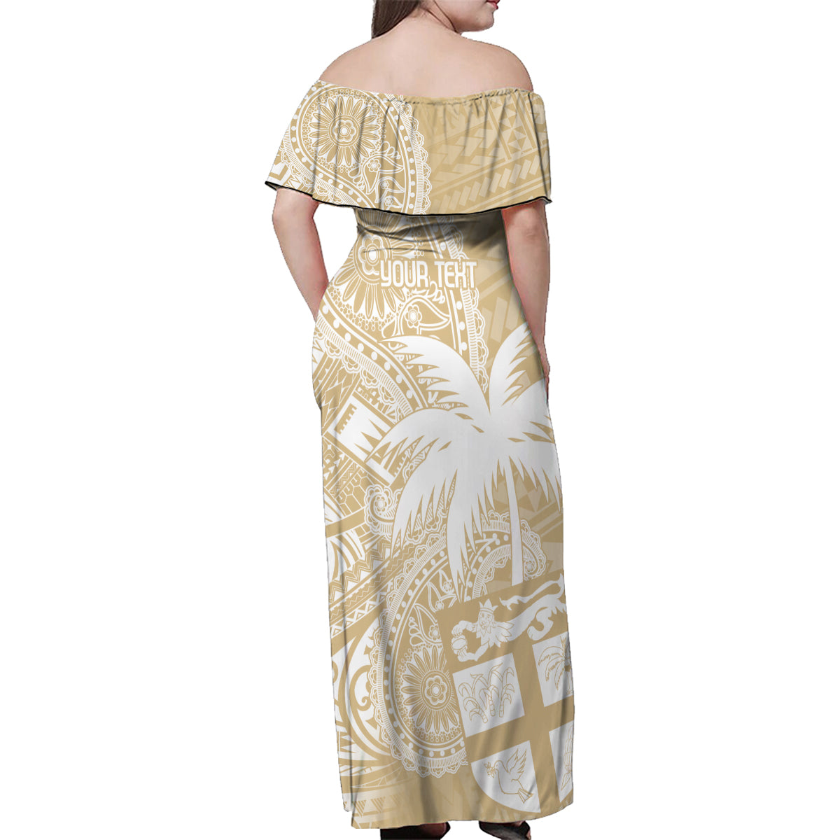 Custom Indo Fijians Family Matching Off Shoulder Maxi Dress and Hawaiian Shirt Fiji ke Hindustani Polyneisan Paisley Beige Style LT9 - Polynesian Pride