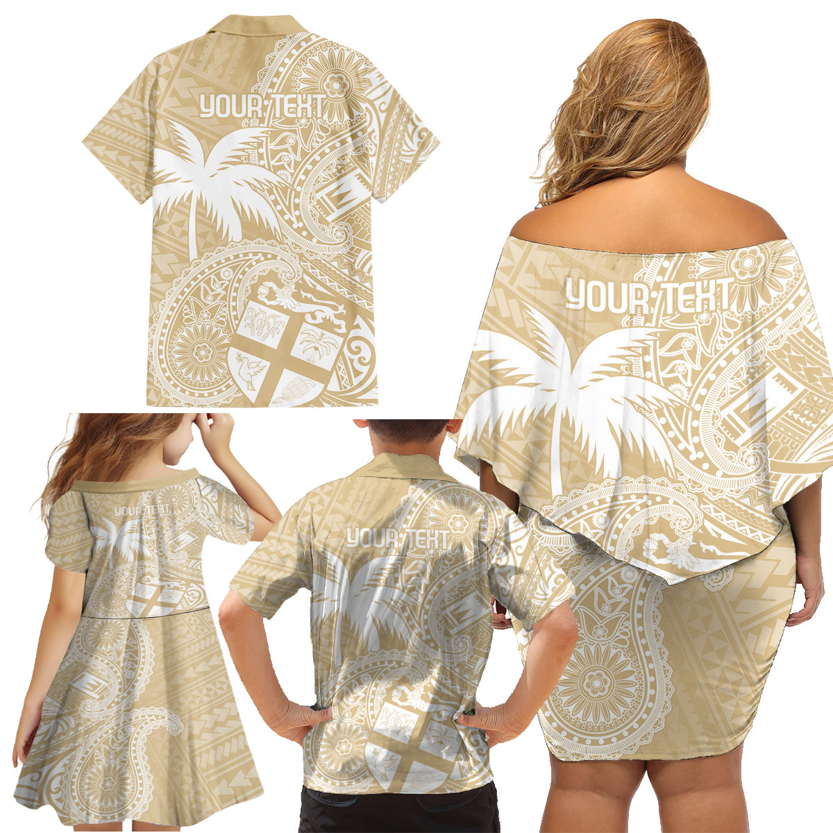 Custom Indo Fijians Family Matching Off Shoulder Short Dress and Hawaiian Shirt Fiji ke Hindustani Polyneisan Paisley Beige Style LT9 - Polynesian Pride