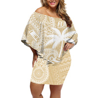 Custom Indo Fijians Family Matching Off Shoulder Short Dress and Hawaiian Shirt Fiji ke Hindustani Polyneisan Paisley Beige Style LT9 Mom's Dress Beige - Polynesian Pride