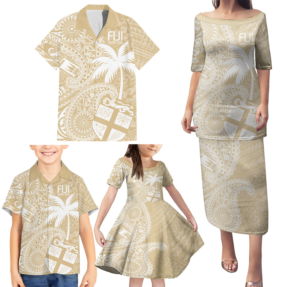 Custom Indo Fijians Family Matching Puletasi and Hawaiian Shirt Fiji ke Hindustani Polyneisan Paisley Beige Style LT9 - Polynesian Pride