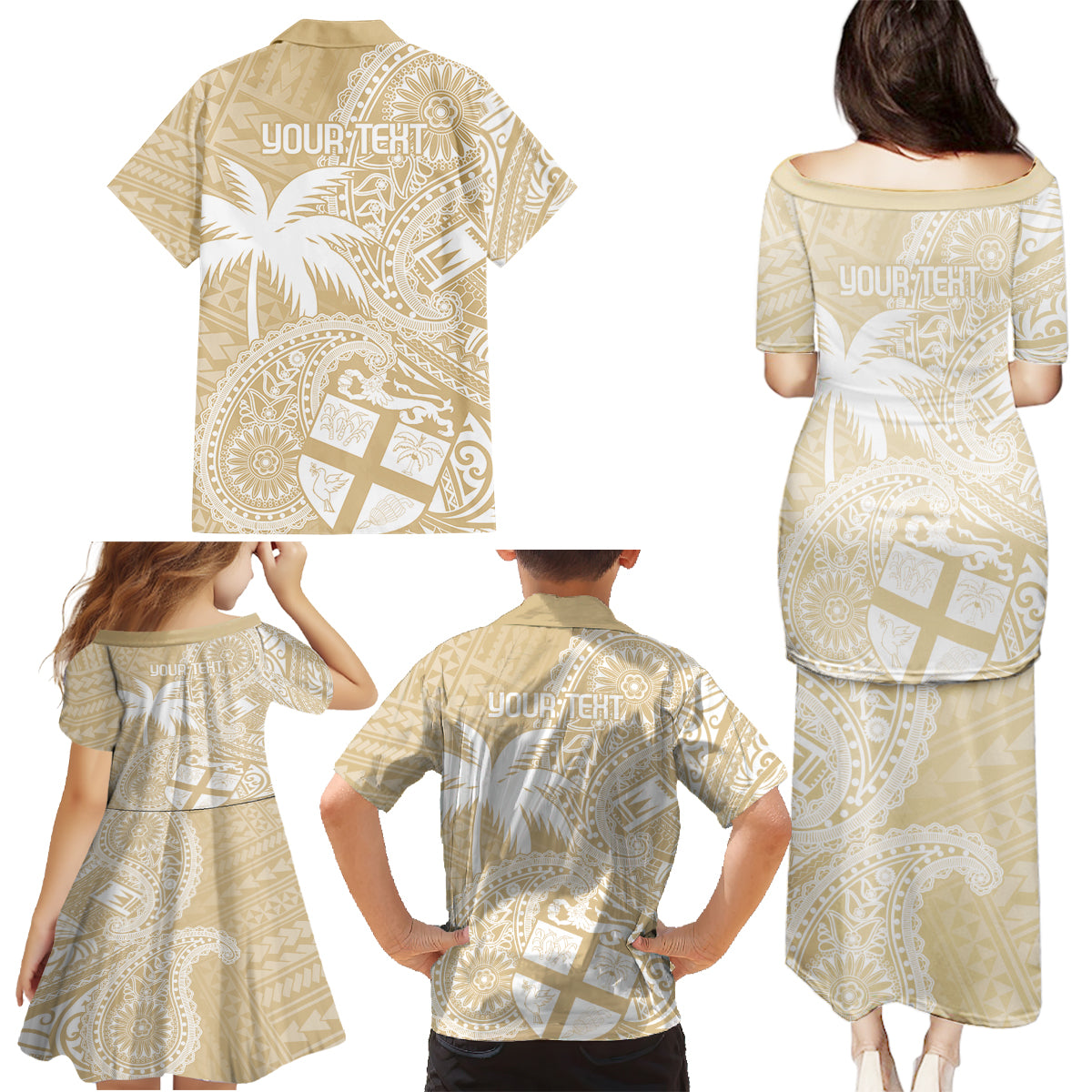 Custom Indo Fijians Family Matching Puletasi and Hawaiian Shirt Fiji ke Hindustani Polyneisan Paisley Beige Style LT9 - Polynesian Pride