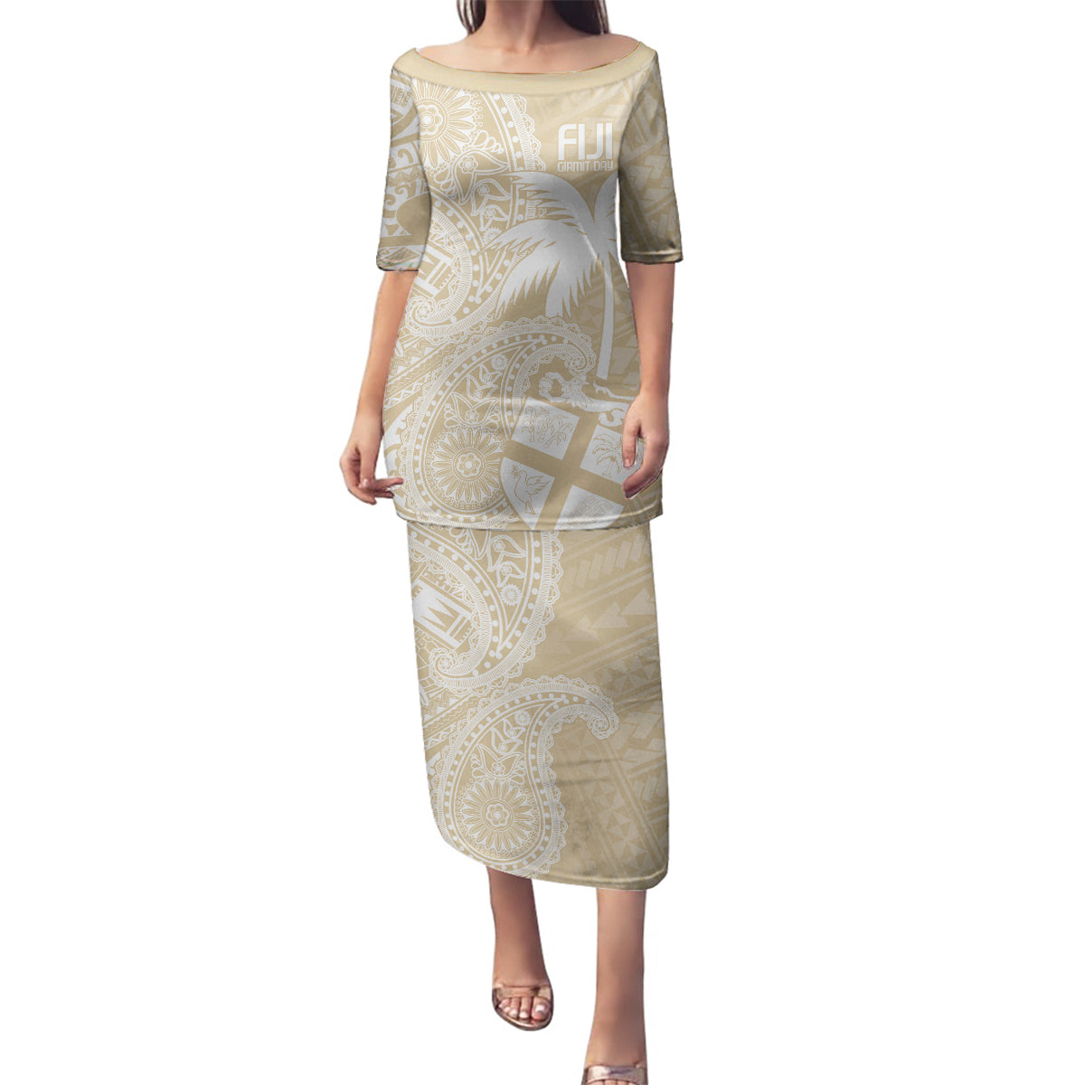 Custom Indo Fijians Family Matching Puletasi and Hawaiian Shirt Fiji ke Hindustani Polyneisan Paisley Beige Style LT9 Mom's Dress Beige - Polynesian Pride
