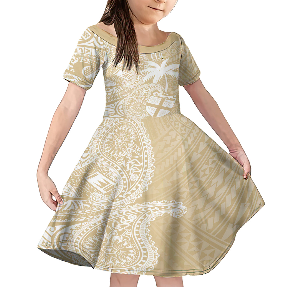 Custom Indo Fijians Family Matching Short Sleeve Bodycon Dress and Hawaiian Shirt Fiji ke Hindustani Polyneisan Paisley Beige Style LT9 Daughter's Dress Beige - Polynesian Pride