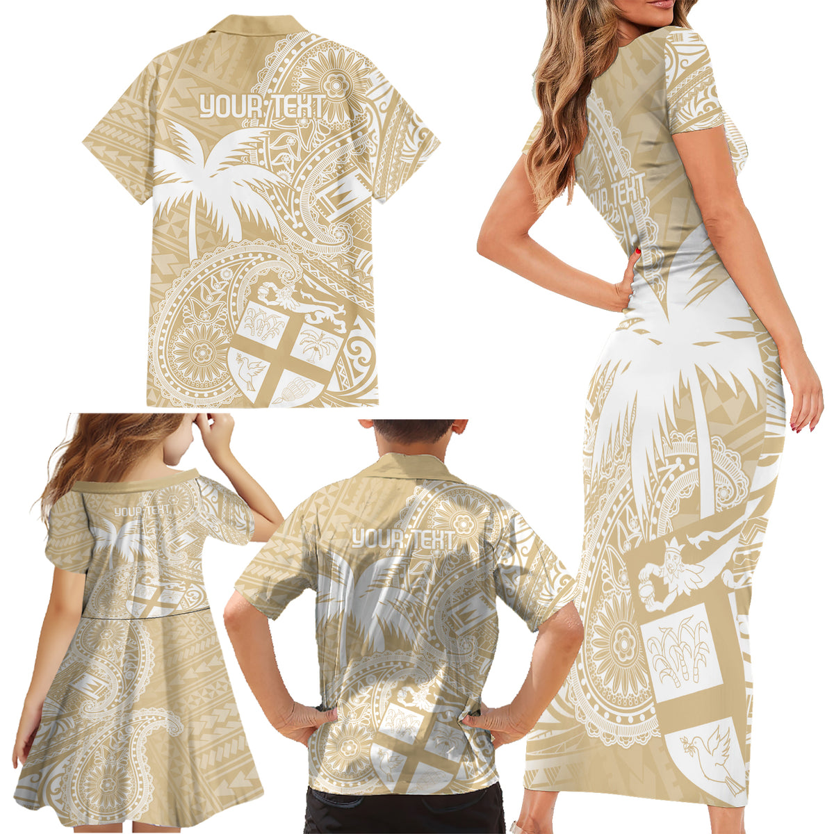 Custom Indo Fijians Family Matching Short Sleeve Bodycon Dress and Hawaiian Shirt Fiji ke Hindustani Polyneisan Paisley Beige Style LT9 - Polynesian Pride