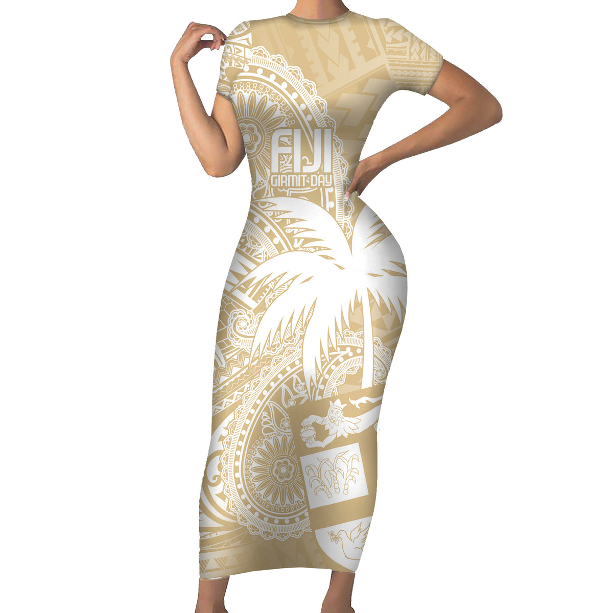 Custom Indo Fijians Family Matching Short Sleeve Bodycon Dress and Hawaiian Shirt Fiji ke Hindustani Polyneisan Paisley Beige Style LT9 Mom's Dress Beige - Polynesian Pride