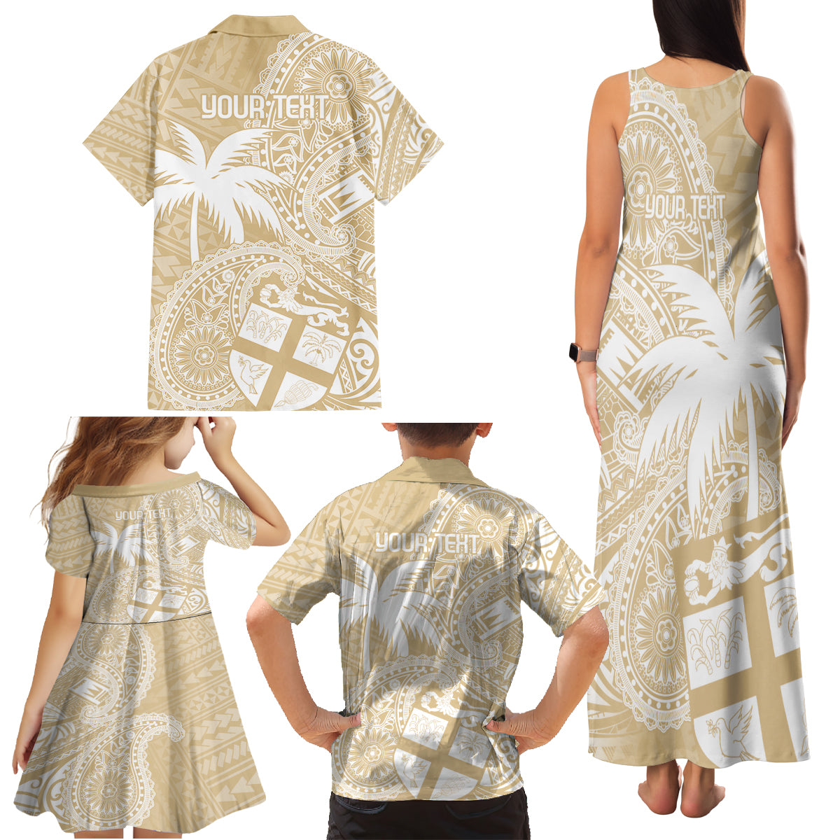 Custom Indo Fijians Family Matching Tank Maxi Dress and Hawaiian Shirt Fiji ke Hindustani Polyneisan Paisley Beige Style LT9 - Polynesian Pride