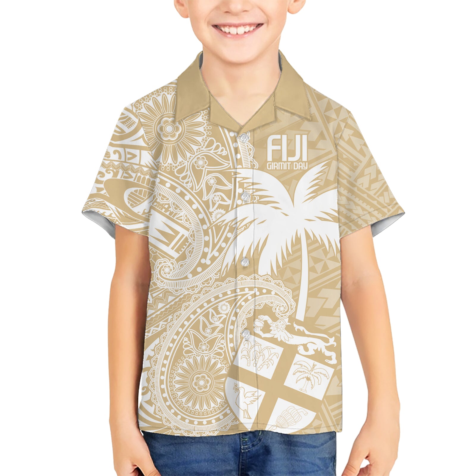 Custom Indo Fijians Kid Hawaiian Shirt Fiji ke Hindustani Polyneisan Paisley Beige Style LT9 Kid Beige - Polynesian Pride