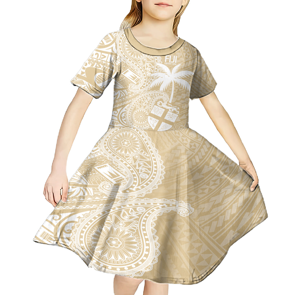 Custom Indo Fijians Kid Short Sleeve Dress Fiji ke Hindustani Polyneisan Paisley Beige Style LT9 - Polynesian Pride