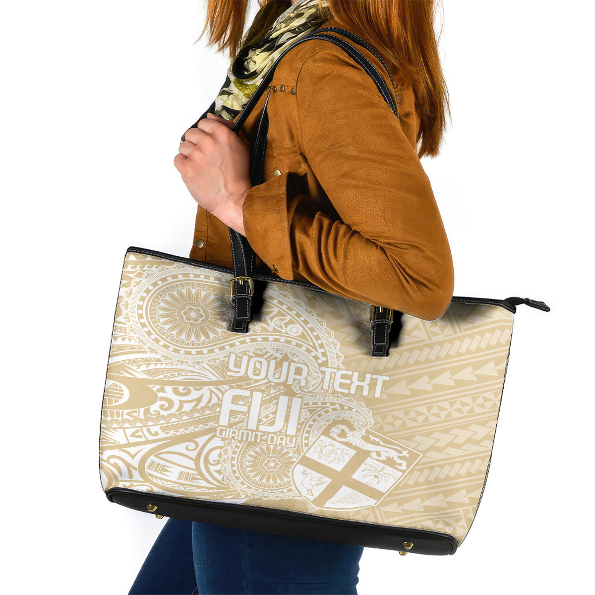Custom Indo Fijians Leather Tote Bag Fiji ke Hindustani Polyneisan Paisley Beige Style LT9 Beige - Polynesian Pride