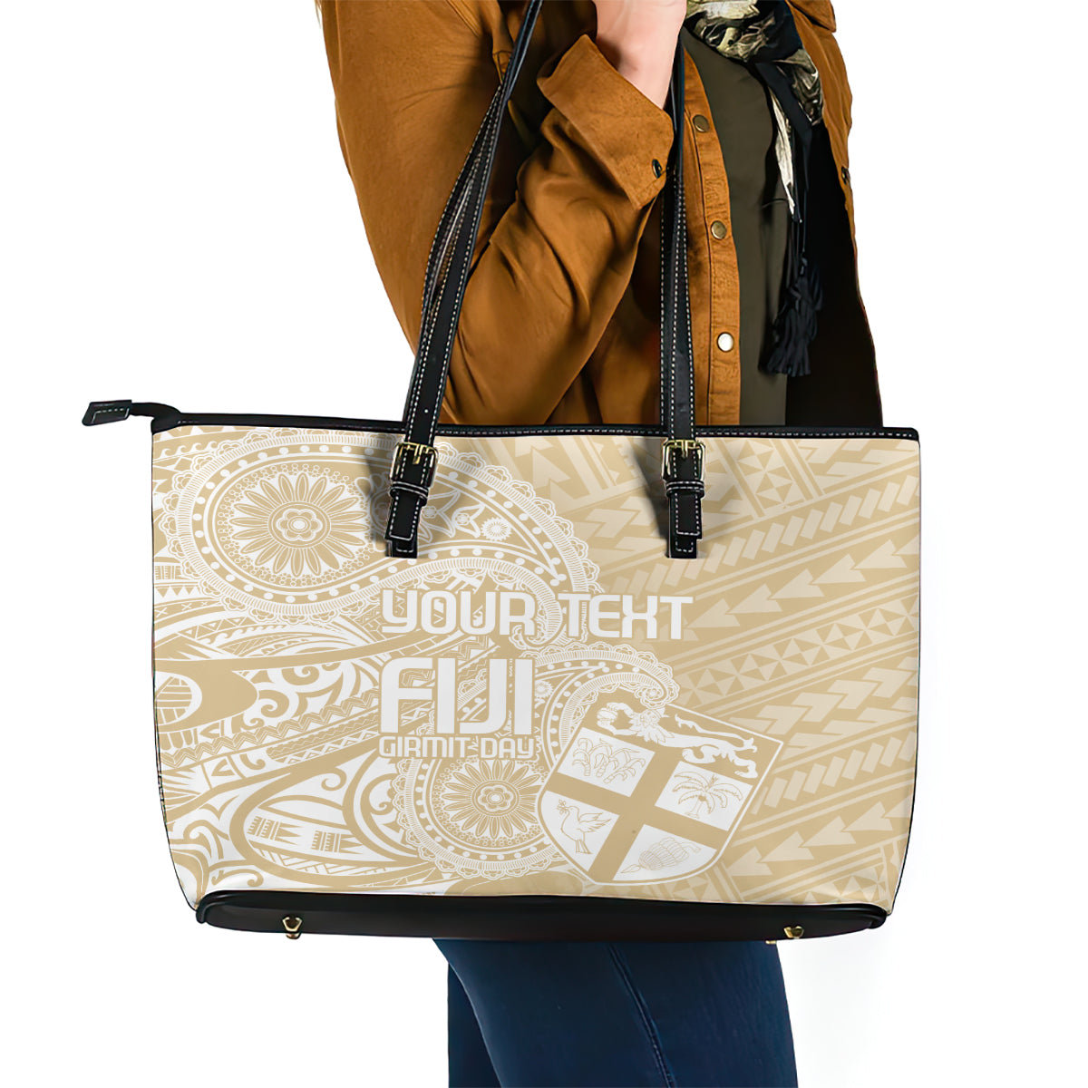 Custom Indo Fijians Leather Tote Bag Fiji ke Hindustani Polyneisan Paisley Beige Style LT9 - Polynesian Pride