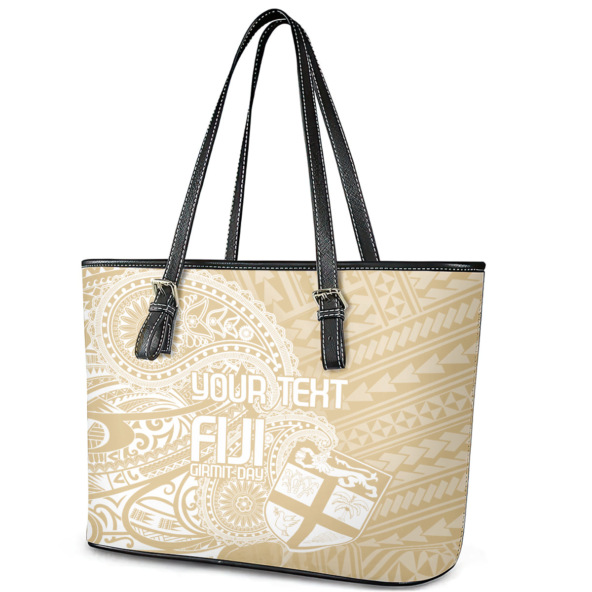 Custom Indo Fijians Leather Tote Bag Fiji ke Hindustani Polyneisan Paisley Beige Style LT9 - Polynesian Pride