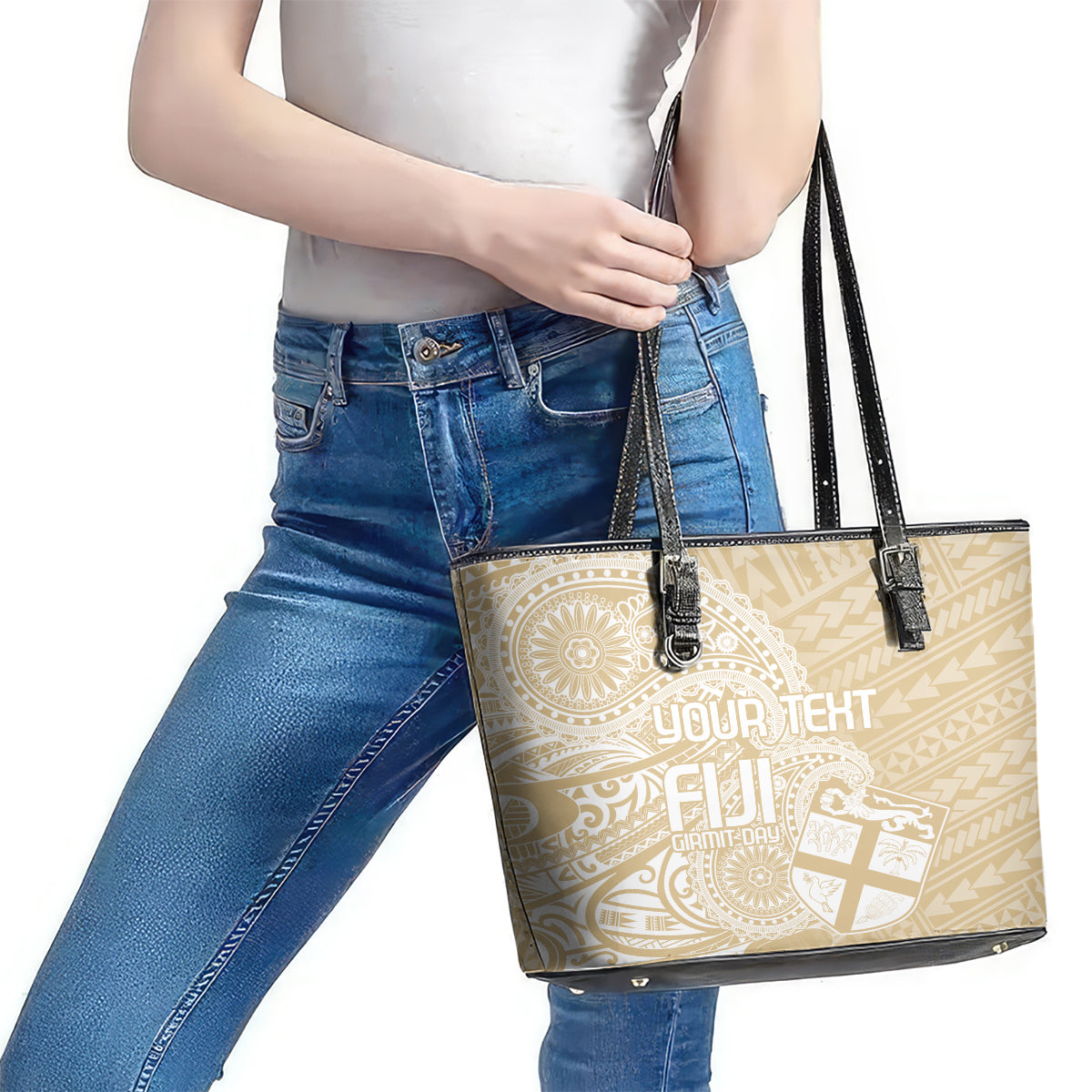 Custom Indo Fijians Leather Tote Bag Fiji ke Hindustani Polyneisan Paisley Beige Style LT9 - Polynesian Pride