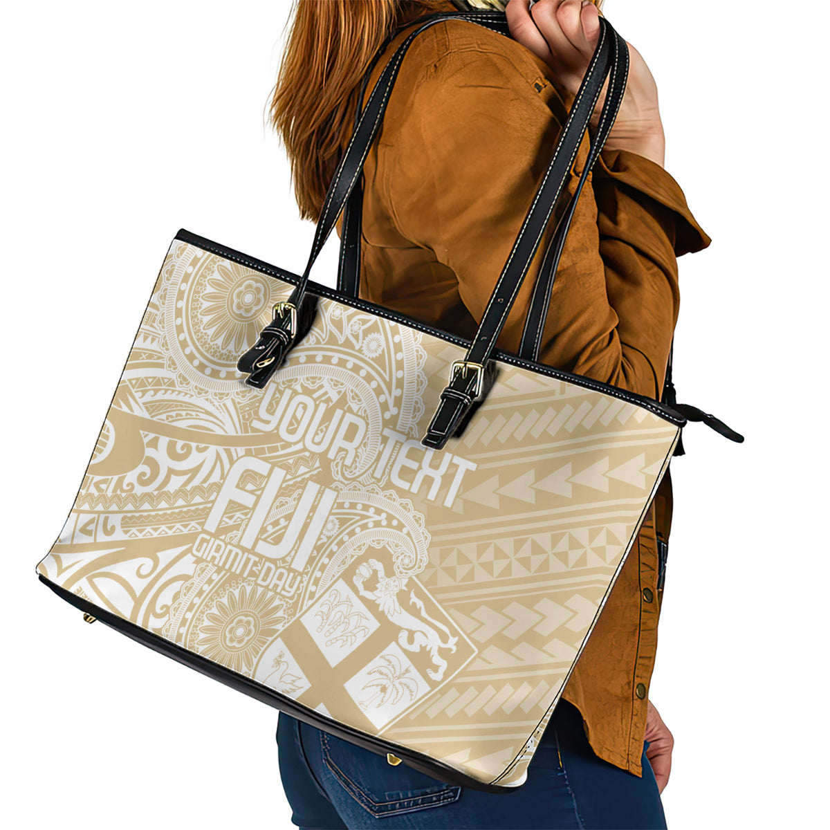 Custom Indo Fijians Leather Tote Bag Fiji ke Hindustani Polyneisan Paisley Beige Style LT9 - Polynesian Pride
