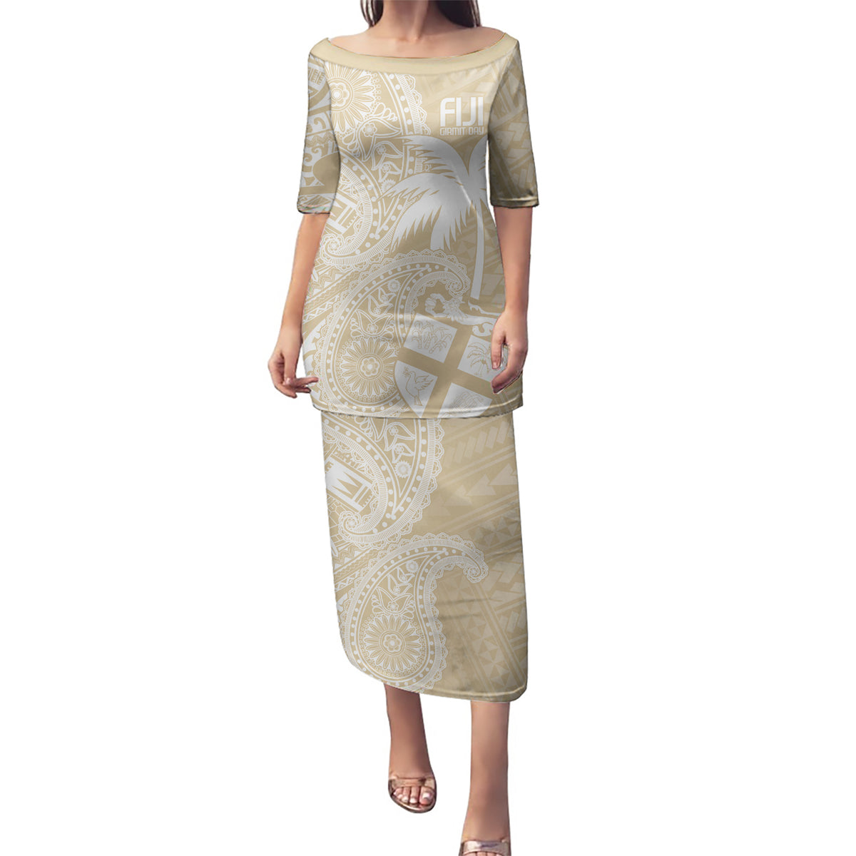 Custom Indo Fijians Puletasi Fiji ke Hindustani Polyneisan Paisley Beige Style LT9 Long Dress Beige - Polynesian Pride