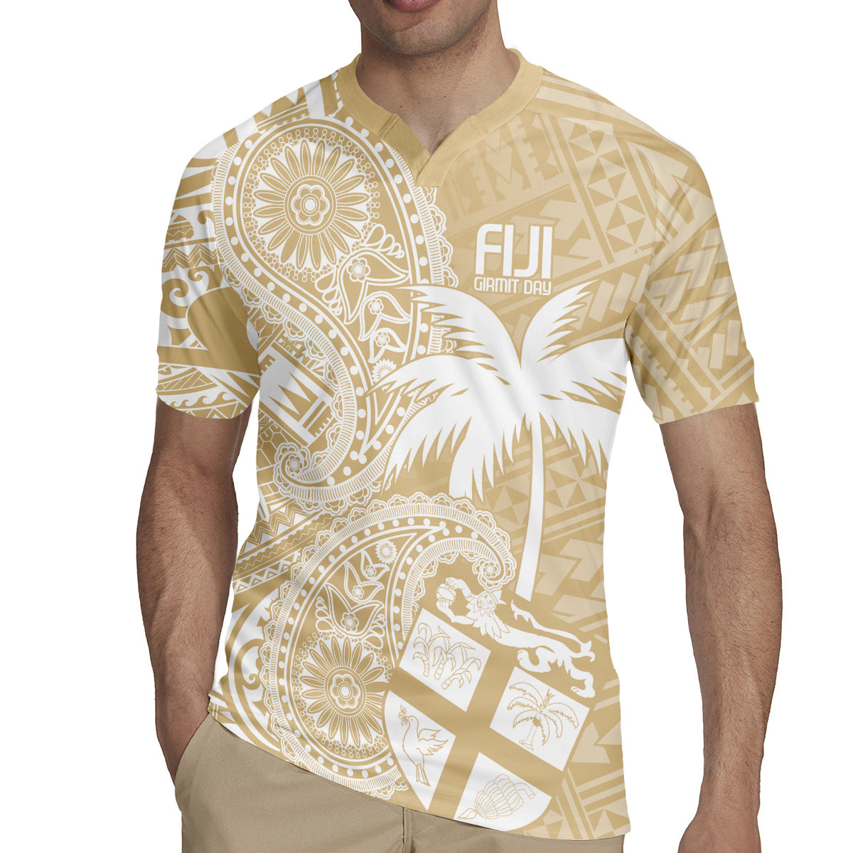 Custom Indo Fijians Rugby Jersey Fiji ke Hindustani Polyneisan Paisley Beige Style LT9 - Polynesian Pride
