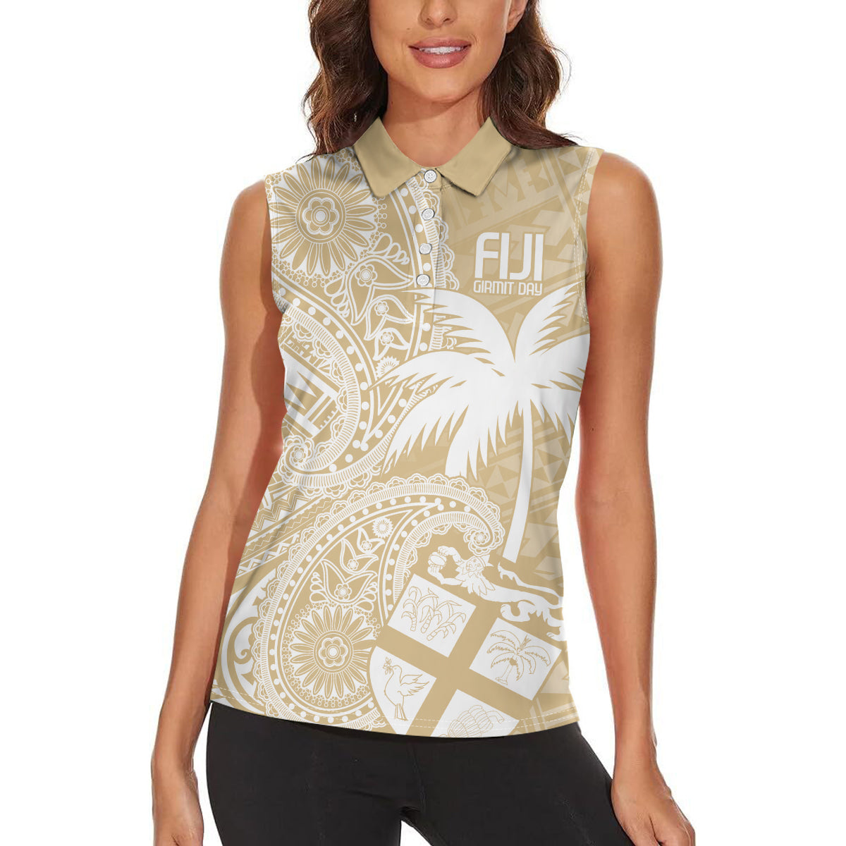 Custom Indo Fijians Women Sleeveless Polo Shirt Fiji ke Hindustani Polyneisan Paisley Beige Style LT9 - Polynesian Pride