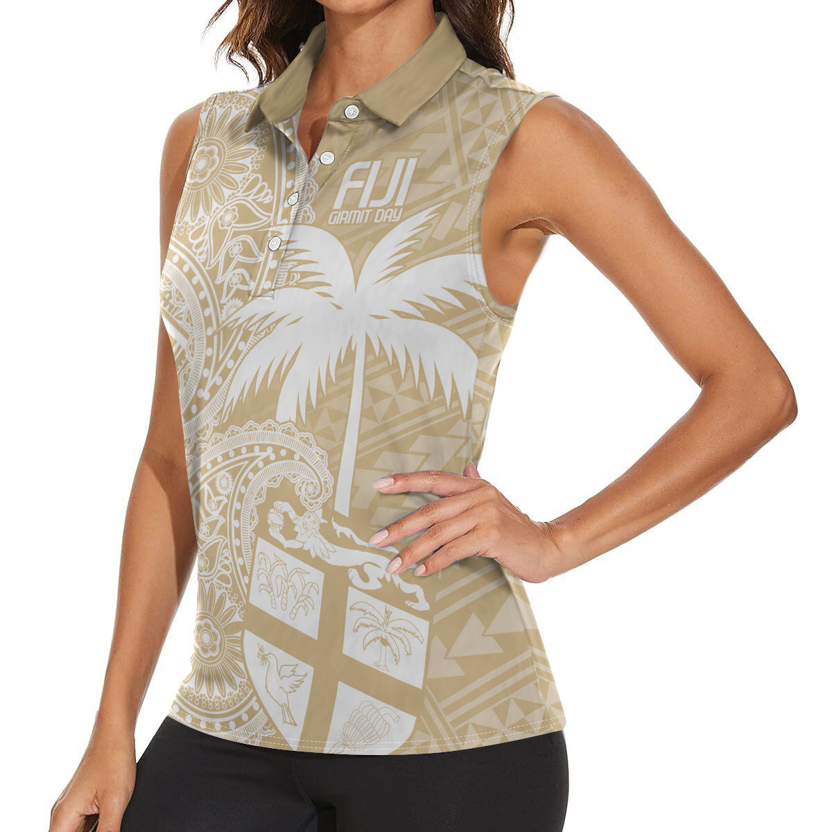Custom Indo Fijians Women Sleeveless Polo Shirt Fiji ke Hindustani Polyneisan Paisley Beige Style LT9 - Polynesian Pride