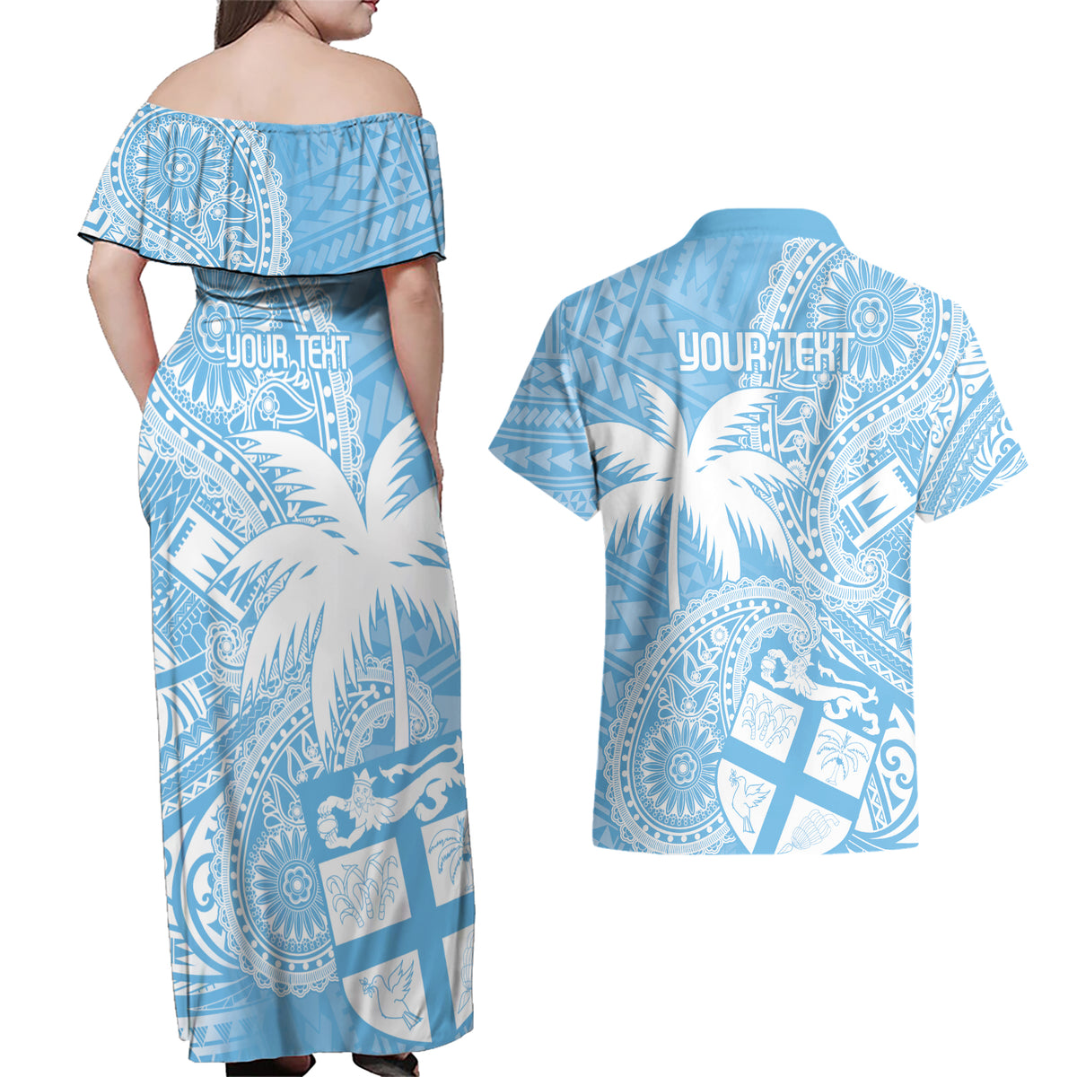 Custom Indo Fijians Couples Matching Off Shoulder Maxi Dress and Hawaiian Shirt Fiji ke Hindustani Polyneisan Paisley Blue Style LT9 - Polynesian Pride