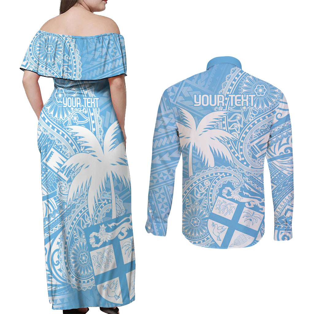 Custom Indo Fijians Couples Matching Off Shoulder Maxi Dress and Long Sleeve Button Shirt Fiji ke Hindustani Polyneisan Paisley Blue Style LT9 - Polynesian Pride