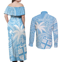 Custom Indo Fijians Couples Matching Off Shoulder Maxi Dress and Long Sleeve Button Shirt Fiji ke Hindustani Polyneisan Paisley Blue Style LT9 - Polynesian Pride