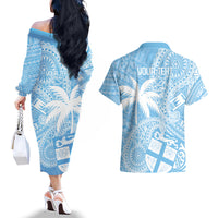 Custom Indo Fijians Couples Matching Off The Shoulder Long Sleeve Dress and Hawaiian Shirt Fiji ke Hindustani Polyneisan Paisley Blue Style LT9 - Polynesian Pride