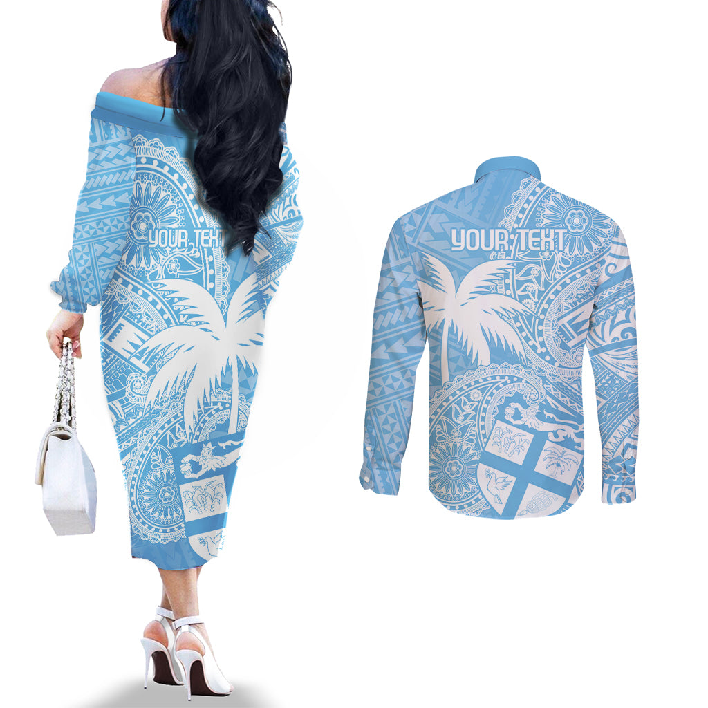 Custom Indo Fijians Couples Matching Off The Shoulder Long Sleeve Dress and Long Sleeve Button Shirt Fiji ke Hindustani Polyneisan Paisley Blue Style LT9 - Polynesian Pride