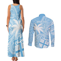 Custom Indo Fijians Couples Matching Tank Maxi Dress and Long Sleeve Button Shirt Fiji ke Hindustani Polyneisan Paisley Blue Style LT9 - Polynesian Pride