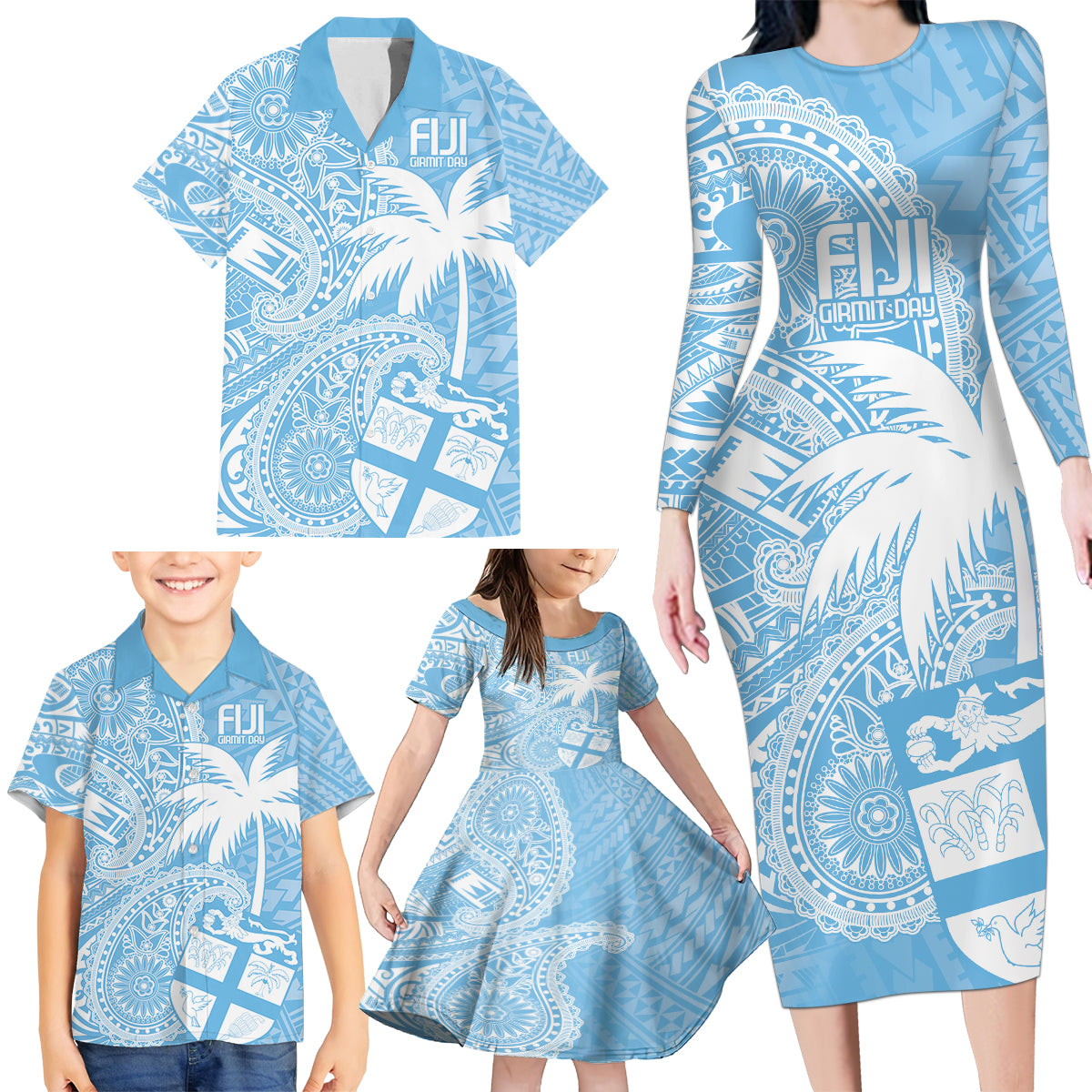 Custom Indo Fijians Family Matching Long Sleeve Bodycon Dress and Hawaiian Shirt Fiji ke Hindustani Polyneisan Paisley Blue Style LT9 - Polynesian Pride