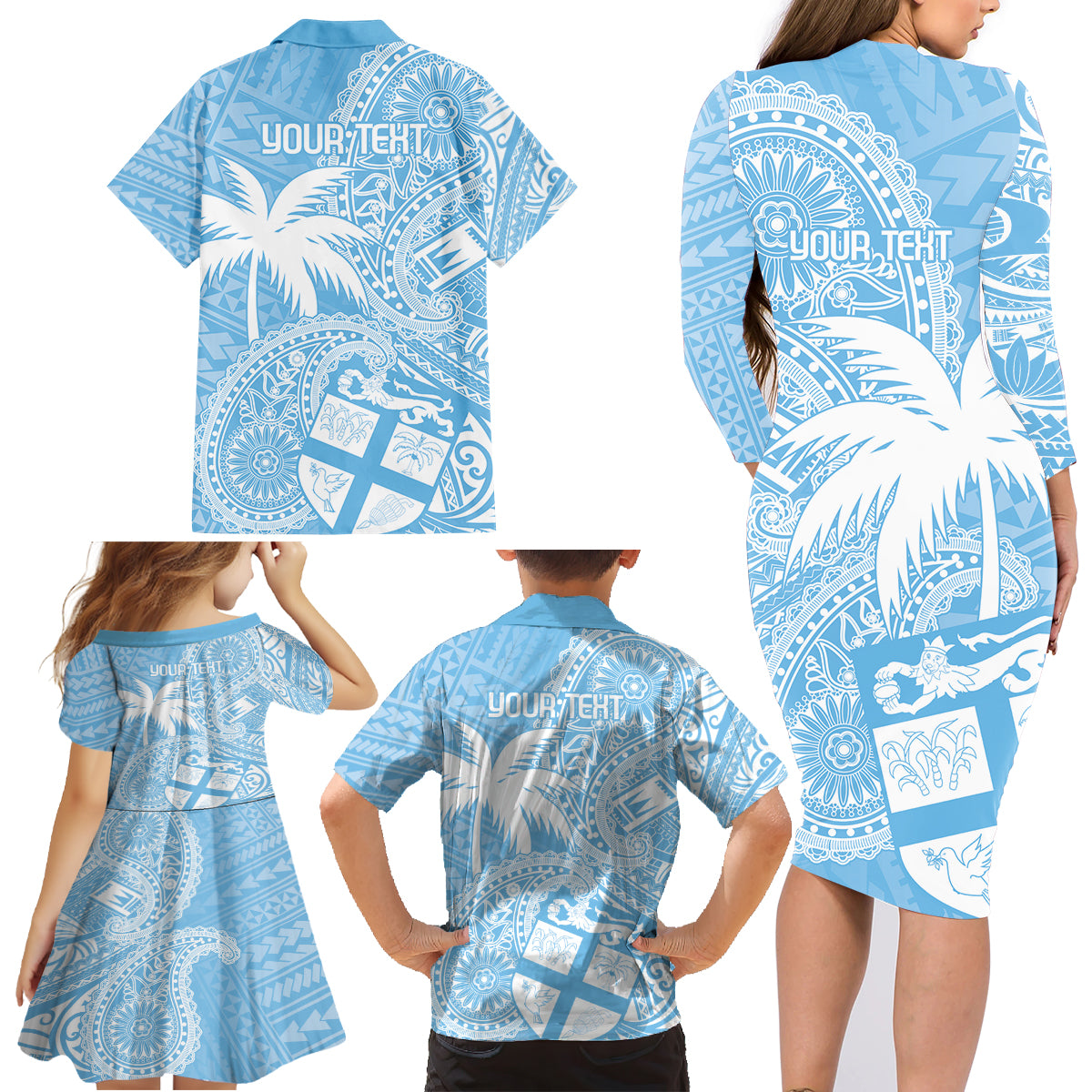 Custom Indo Fijians Family Matching Long Sleeve Bodycon Dress and Hawaiian Shirt Fiji ke Hindustani Polyneisan Paisley Blue Style LT9 - Polynesian Pride