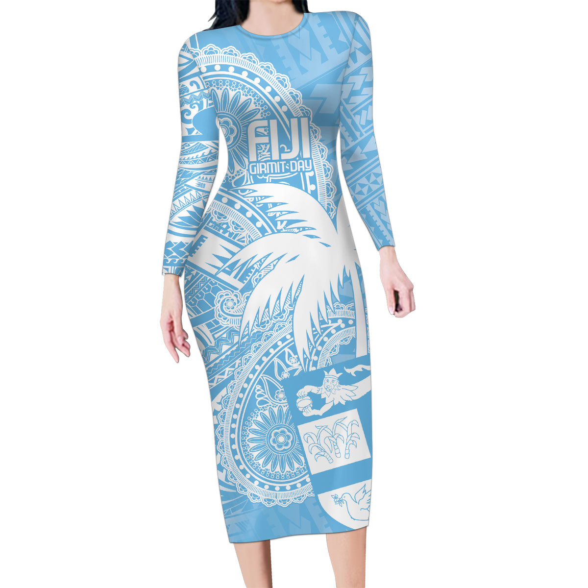 Custom Indo Fijians Family Matching Long Sleeve Bodycon Dress and Hawaiian Shirt Fiji ke Hindustani Polyneisan Paisley Blue Style LT9 Mom's Dress Blue - Polynesian Pride