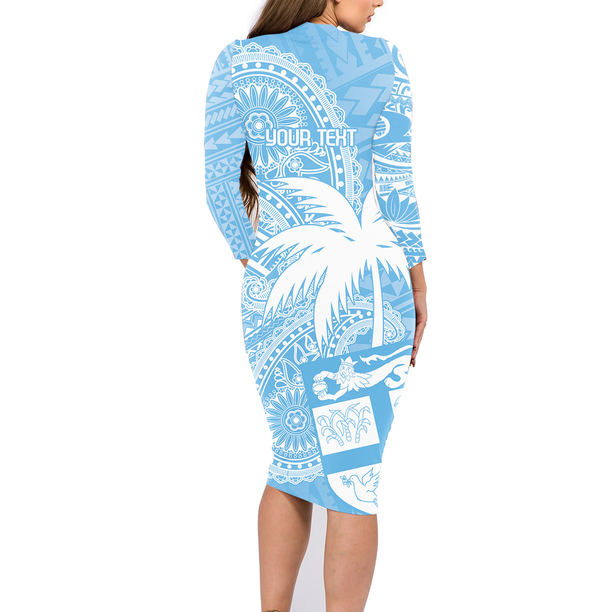 Custom Indo Fijians Family Matching Long Sleeve Bodycon Dress and Hawaiian Shirt Fiji ke Hindustani Polyneisan Paisley Blue Style LT9 - Polynesian Pride