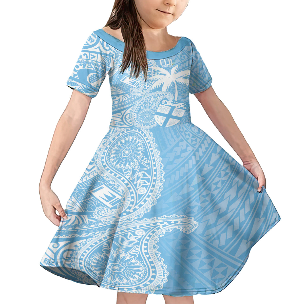 Custom Indo Fijians Family Matching Mermaid Dress and Hawaiian Shirt Fiji ke Hindustani Polyneisan Paisley Blue Style LT9 Daughter's Dress Blue - Polynesian Pride