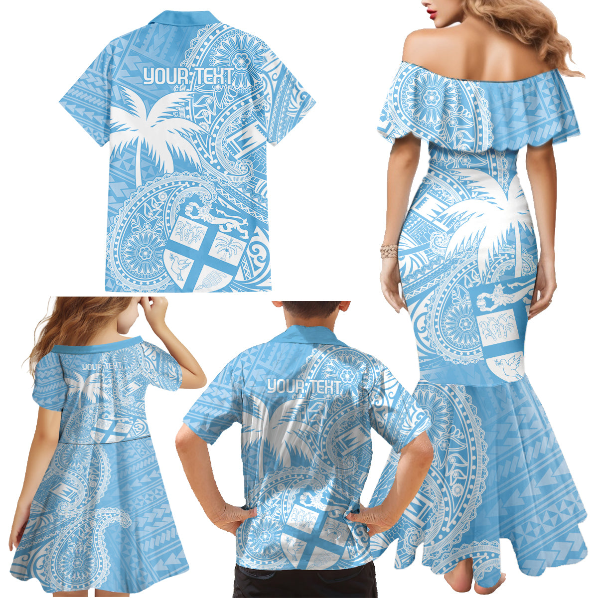 Custom Indo Fijians Family Matching Mermaid Dress and Hawaiian Shirt Fiji ke Hindustani Polyneisan Paisley Blue Style LT9 - Polynesian Pride