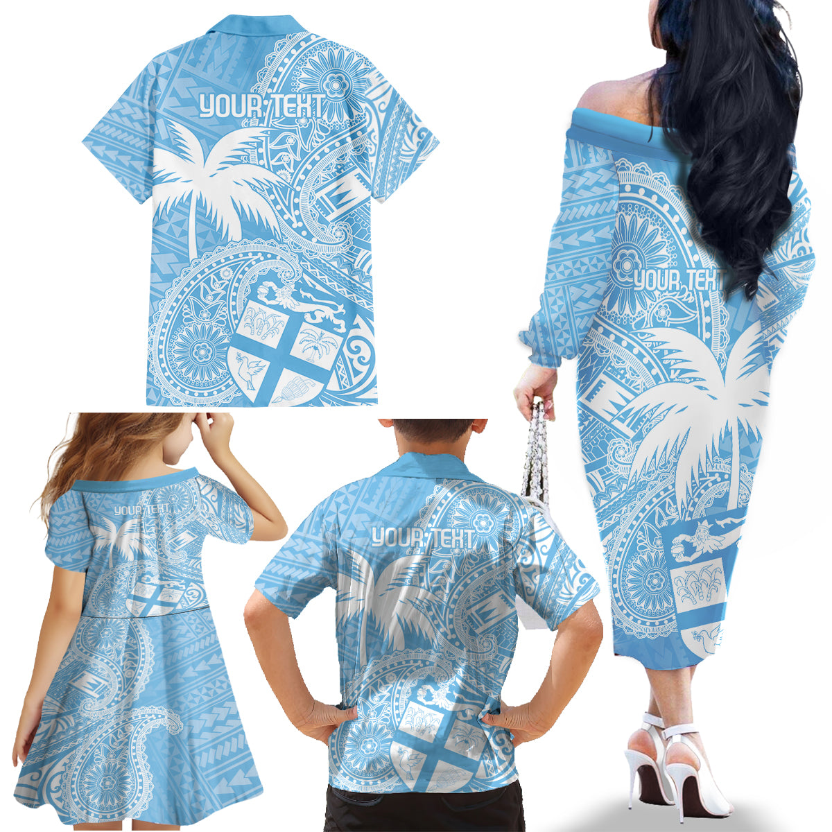 Custom Indo Fijians Family Matching Off The Shoulder Long Sleeve Dress and Hawaiian Shirt Fiji ke Hindustani Polyneisan Paisley Blue Style LT9 - Polynesian Pride