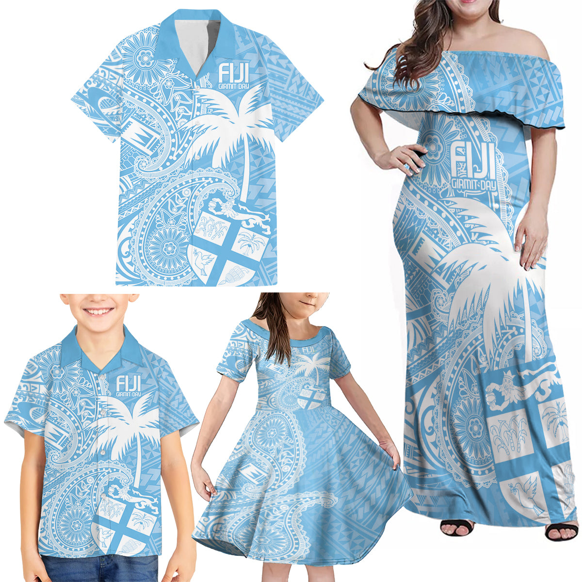 Custom Indo Fijians Family Matching Off Shoulder Maxi Dress and Hawaiian Shirt Fiji ke Hindustani Polyneisan Paisley Blue Style LT9 - Polynesian Pride