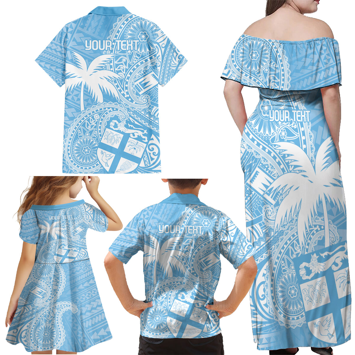 Custom Indo Fijians Family Matching Off Shoulder Maxi Dress and Hawaiian Shirt Fiji ke Hindustani Polyneisan Paisley Blue Style LT9 - Polynesian Pride