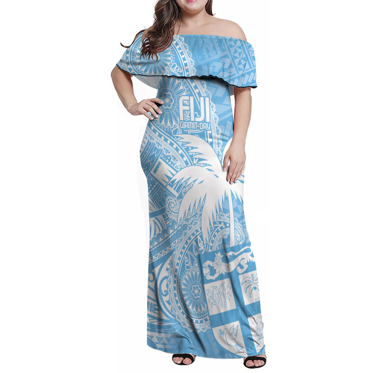 Custom Indo Fijians Family Matching Off Shoulder Maxi Dress and Hawaiian Shirt Fiji ke Hindustani Polyneisan Paisley Blue Style LT9 Mom's Dress Blue - Polynesian Pride
