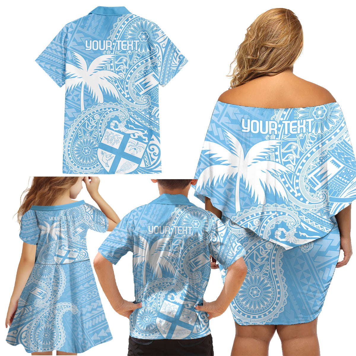 Custom Indo Fijians Family Matching Off Shoulder Short Dress and Hawaiian Shirt Fiji ke Hindustani Polyneisan Paisley Blue Style LT9 - Polynesian Pride