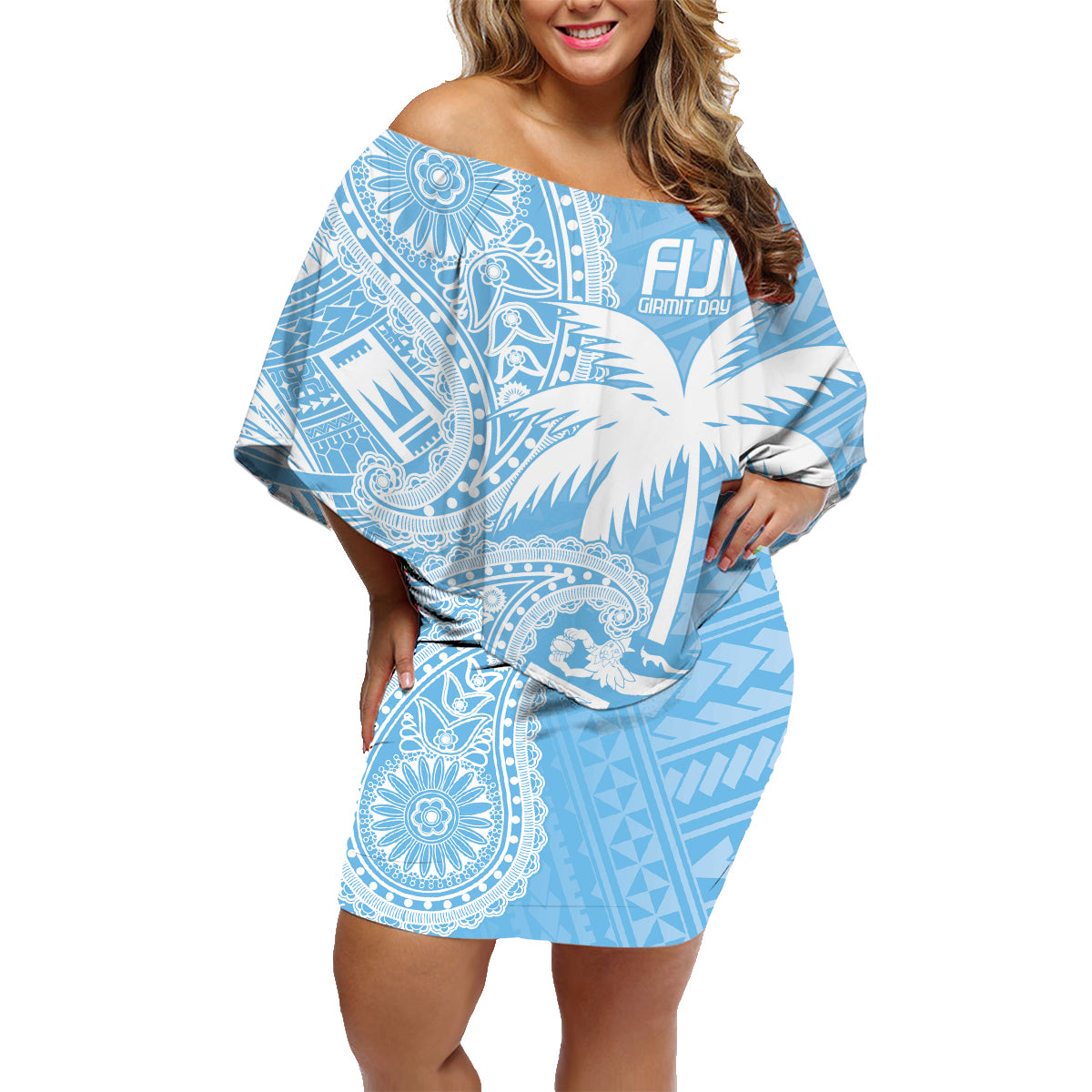 Custom Indo Fijians Family Matching Off Shoulder Short Dress and Hawaiian Shirt Fiji ke Hindustani Polyneisan Paisley Blue Style LT9 Mom's Dress Blue - Polynesian Pride