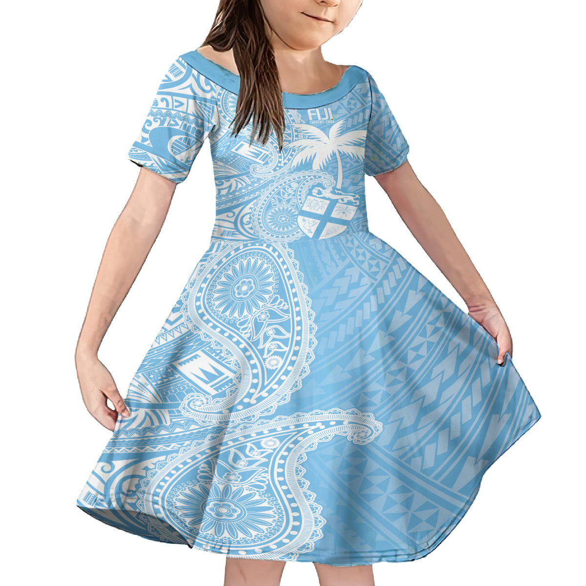 Custom Indo Fijians Family Matching Puletasi and Hawaiian Shirt Fiji ke Hindustani Polyneisan Paisley Blue Style LT9 Daughter's Dress Blue - Polynesian Pride