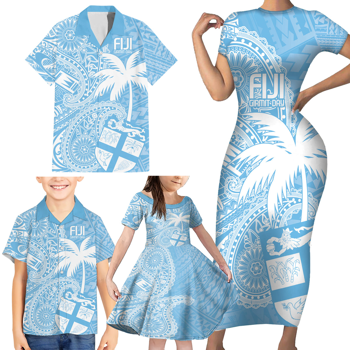 Custom Indo Fijians Family Matching Short Sleeve Bodycon Dress and Hawaiian Shirt Fiji ke Hindustani Polyneisan Paisley Blue Style LT9 - Polynesian Pride