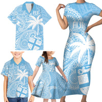 Custom Indo Fijians Family Matching Short Sleeve Bodycon Dress and Hawaiian Shirt Fiji ke Hindustani Polyneisan Paisley Blue Style LT9 - Polynesian Pride