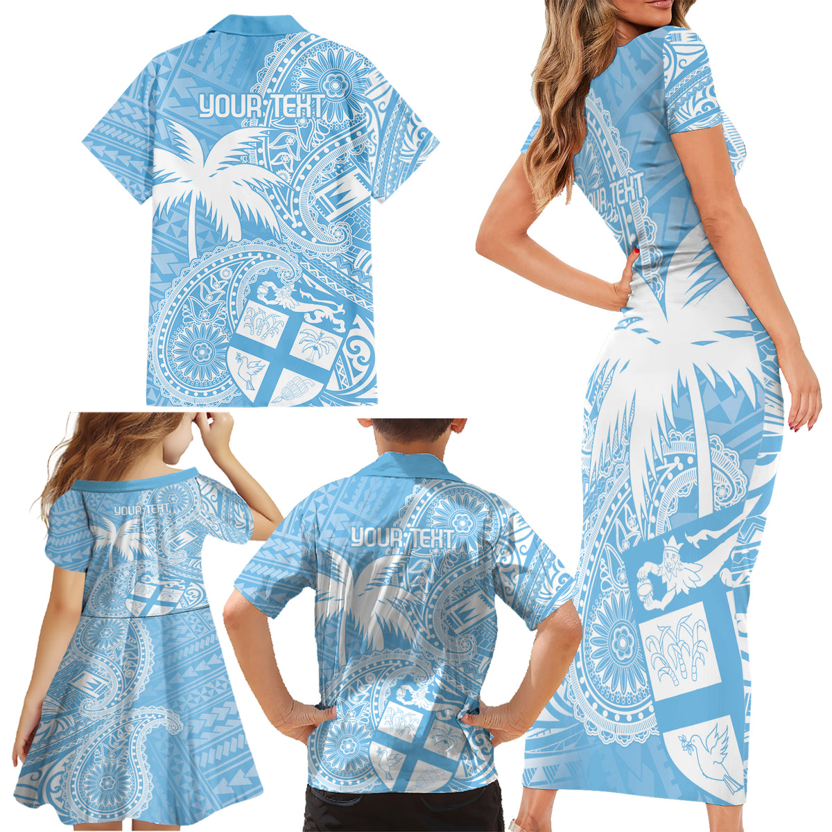 Custom Indo Fijians Family Matching Short Sleeve Bodycon Dress and Hawaiian Shirt Fiji ke Hindustani Polyneisan Paisley Blue Style LT9 - Polynesian Pride