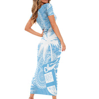 Custom Indo Fijians Family Matching Short Sleeve Bodycon Dress and Hawaiian Shirt Fiji ke Hindustani Polyneisan Paisley Blue Style LT9 - Polynesian Pride