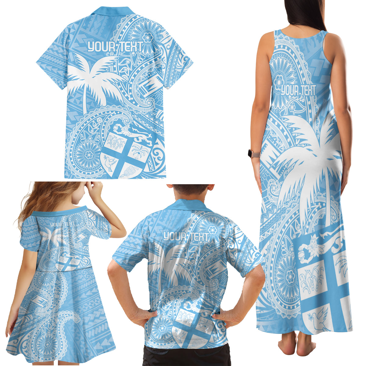Custom Indo Fijians Family Matching Tank Maxi Dress and Hawaiian Shirt Fiji ke Hindustani Polyneisan Paisley Blue Style LT9 - Polynesian Pride