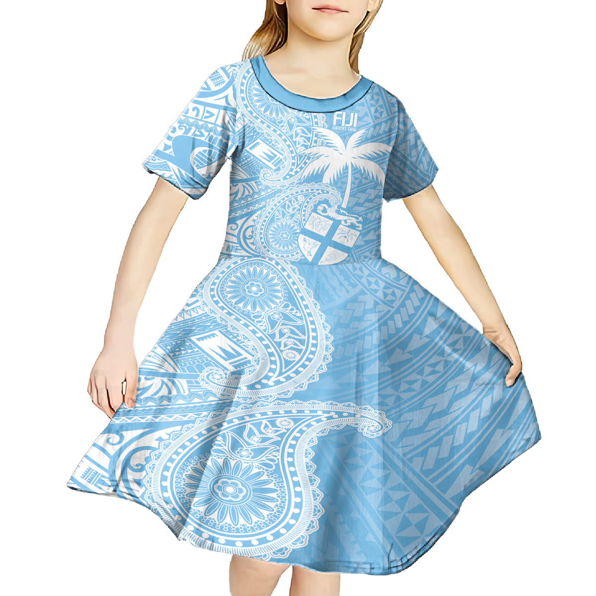 Custom Indo Fijians Kid Short Sleeve Dress Fiji ke Hindustani Polyneisan Paisley Blue Style LT9 - Polynesian Pride