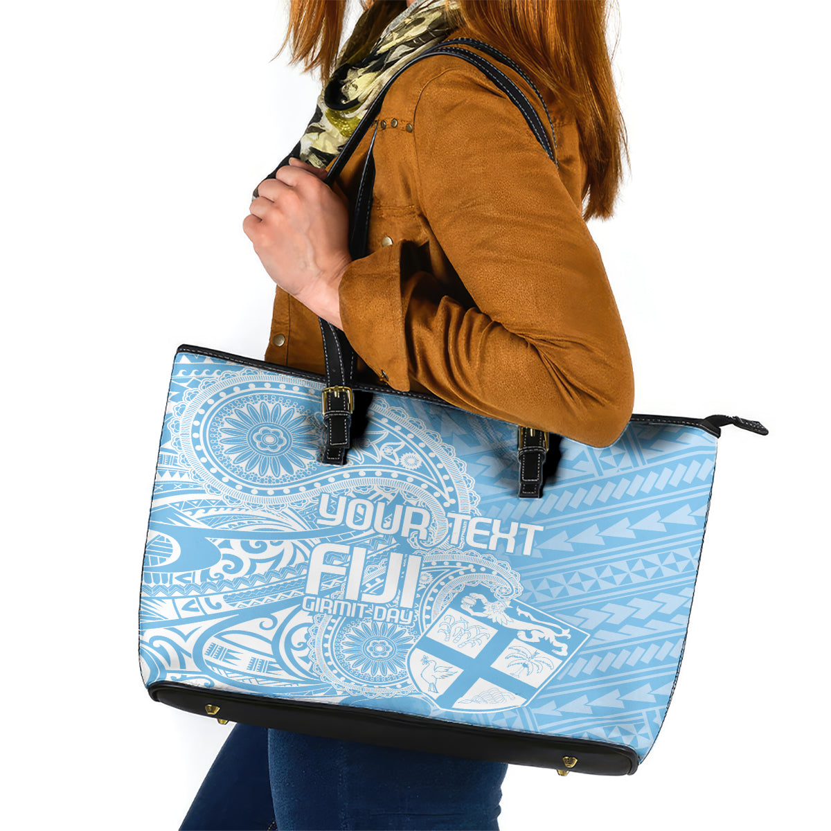 Custom Indo Fijians Leather Tote Bag Fiji ke Hindustani Polyneisan Paisley Blue Style LT9 Blue - Polynesian Pride